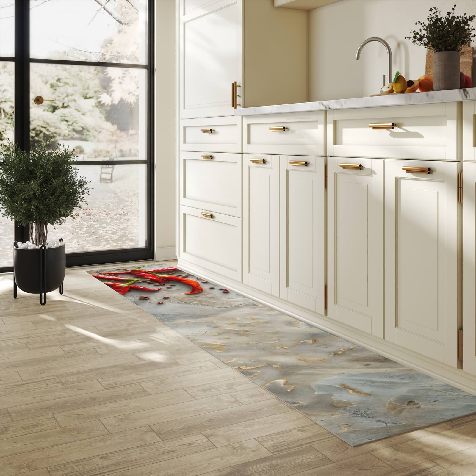 Rutschfester Bodenläufer-Teppich mit Motiv Chili Schoten in heller Küche