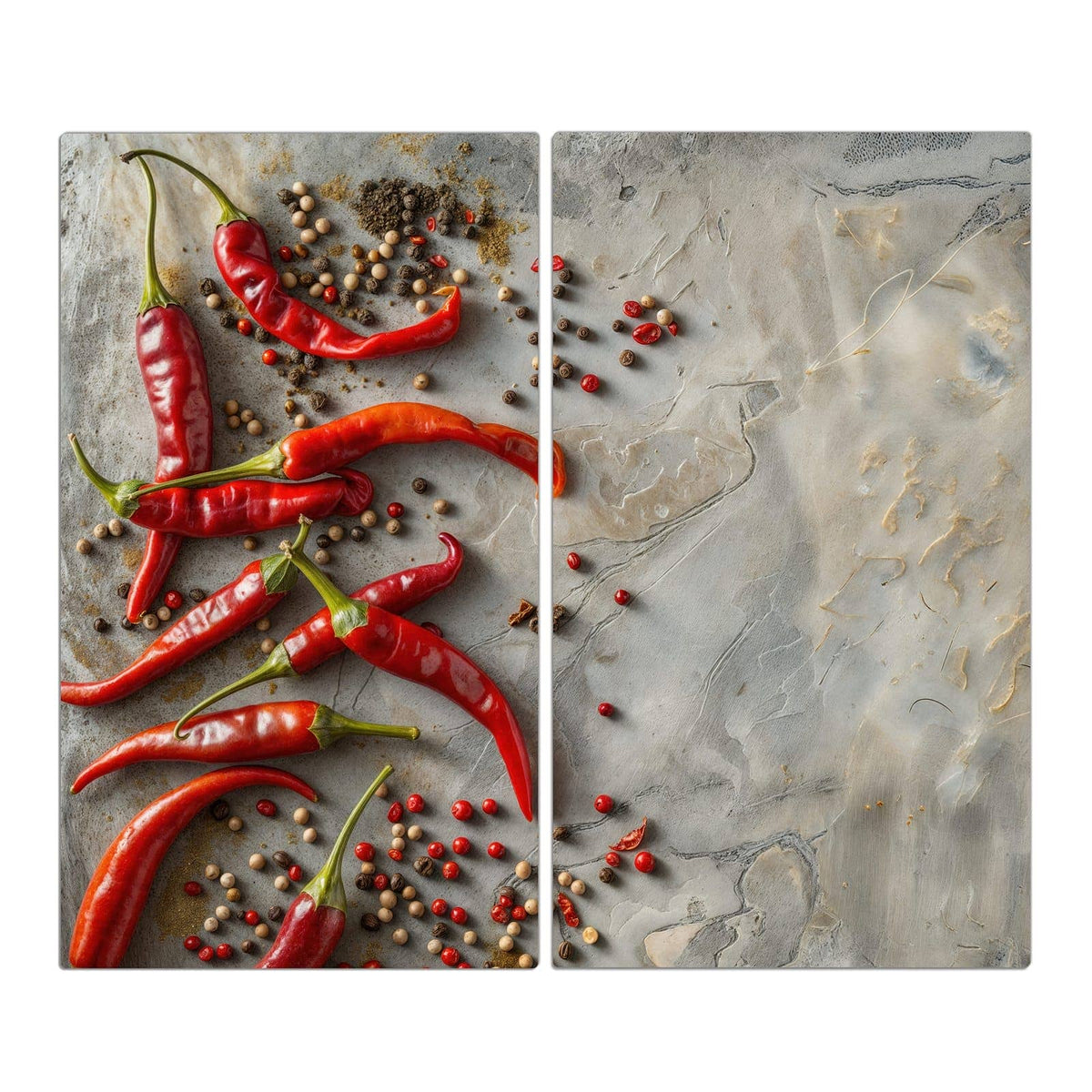 Rote Chilischoten auf hellgrauem Stein, dazwischen bunte Pfefferkörner und Gewürzkrümel