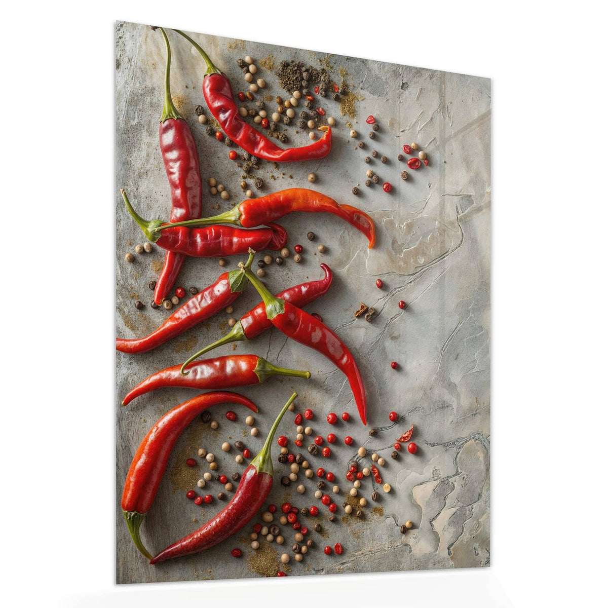 Echtglas, 4 mm – kein Acryl, keine Folie – Wandbild - Chilis mit Pfeffer - Hochformat