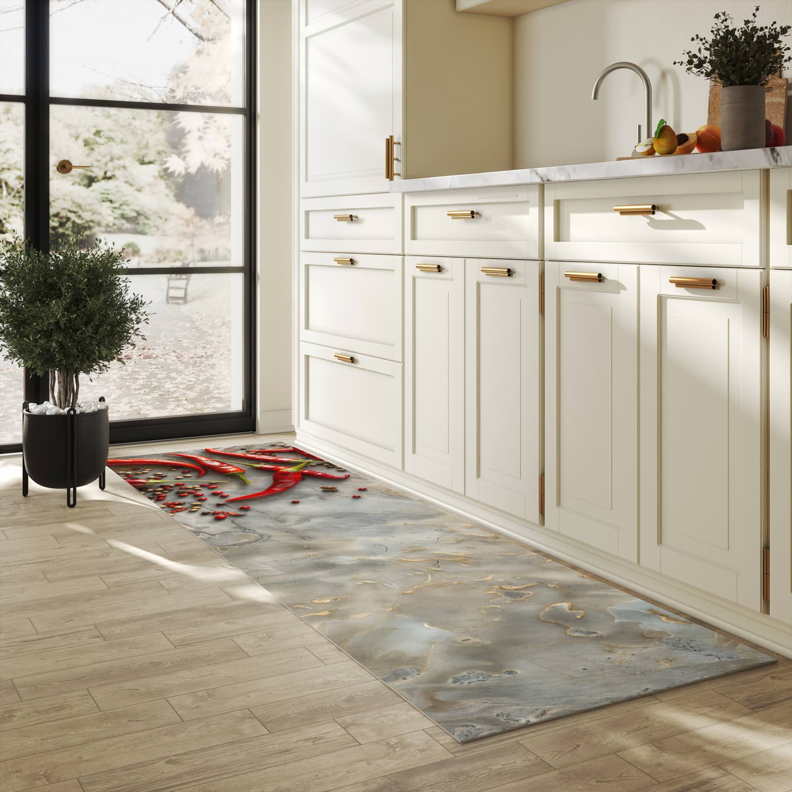 Bodenschonender rutschfester Küchenteppich mit Motiv Chili Schoten in heller Küche