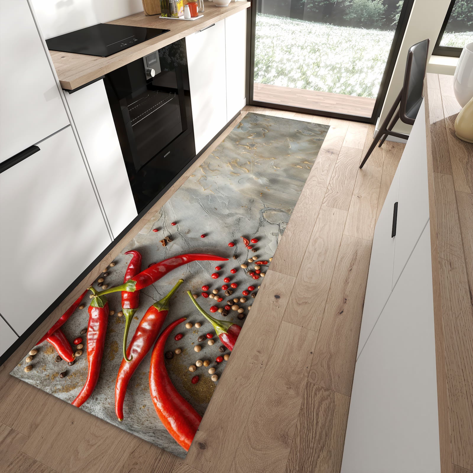 Flacher Küchenteppich mit Motiv Chili Schoten in moderner Küche
