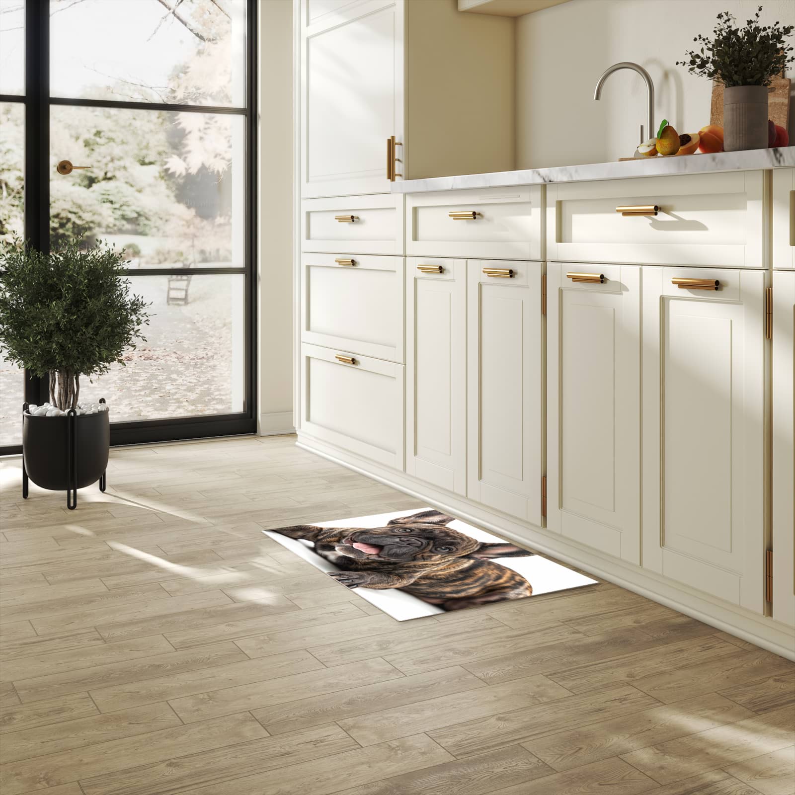 Geruchsneutraler waschbarer Läufer für die Küche mit Motiv Bulldogge von Französische in heller Küche