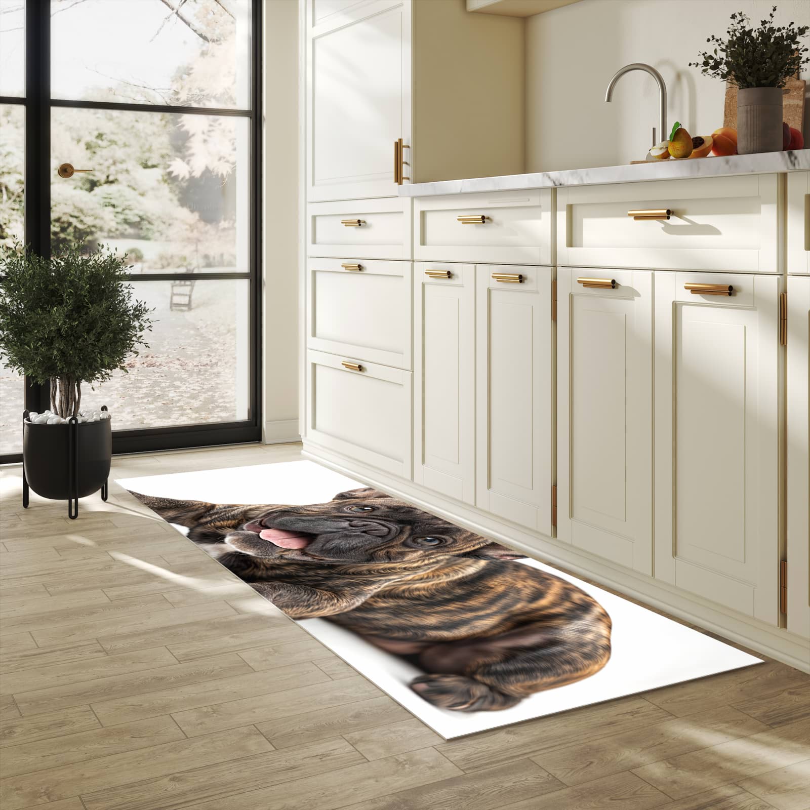 Flacher Küchenläufer mit Motiv Bulldogge von Französische in heller Küche für lange Teppiche