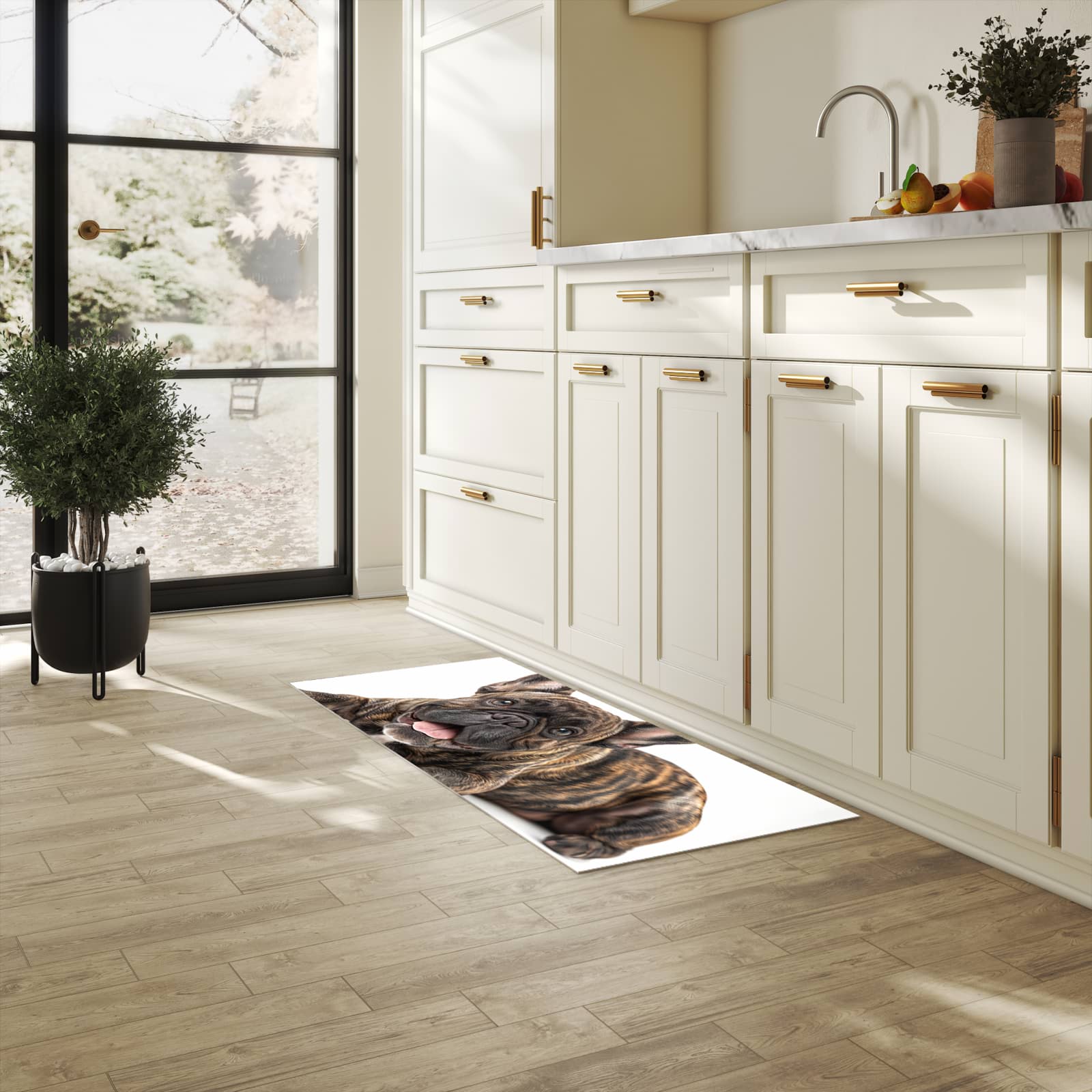 UV-beständiger Küchenvorleger mit Motiv Bulldogge von Französische in heller Küche