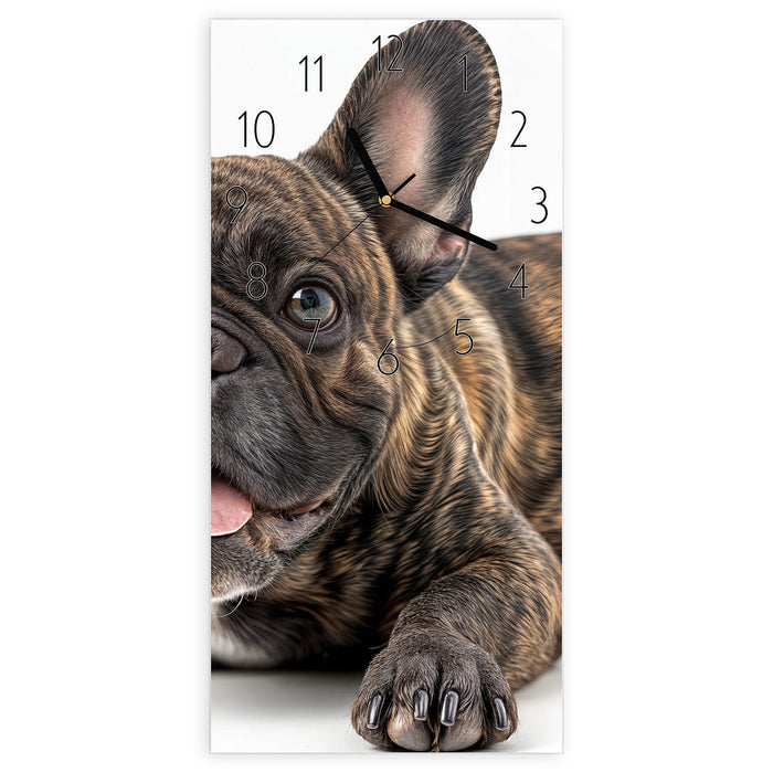 Wanduhr Französische Bulldogge Porträt aus Glas – Hochformat 30 × 60 cm mit Ziffernblatt Elegant