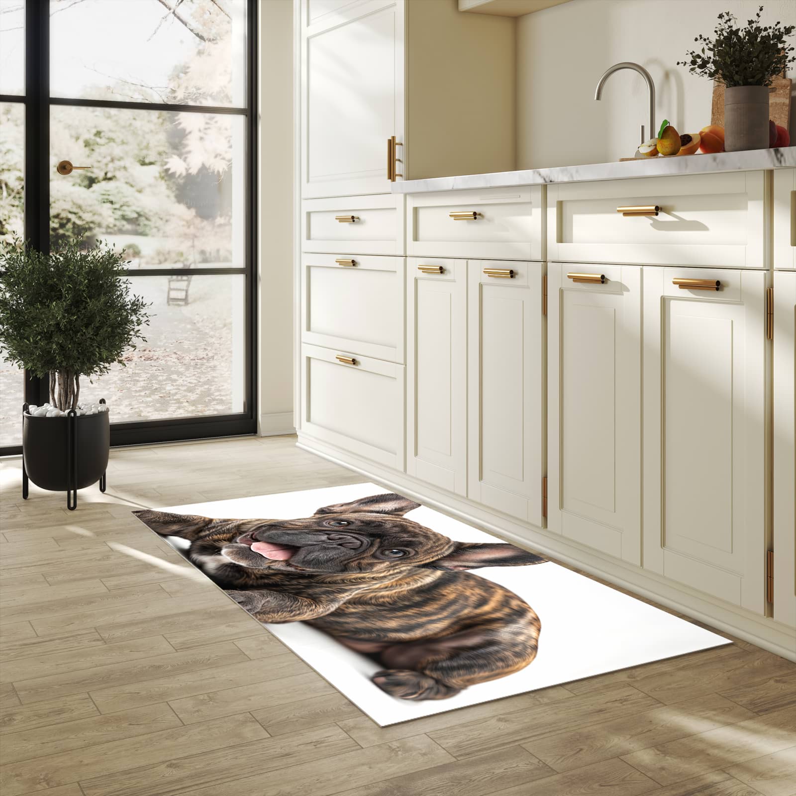 Rutschhemmender dünner Teppich mit Motiv Bulldogge von Französische in heller Küche