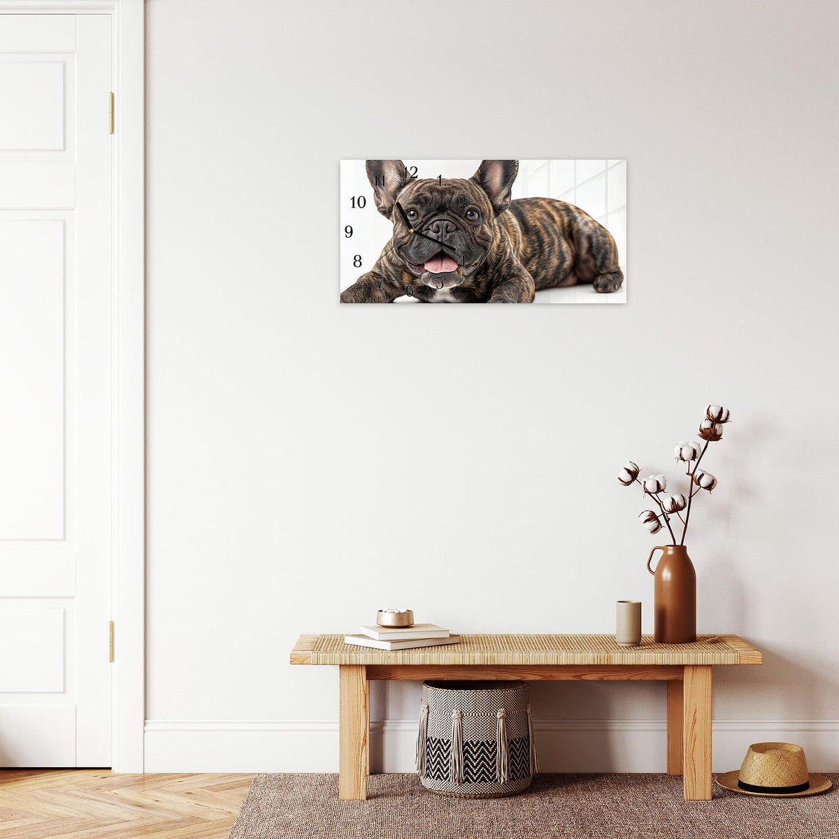 Moderne Wanduhr aus Glas mit Farbtiefe – Wanduhr Französische Bulldogge Porträt aus Glas – Querformat 60 × 30 cm