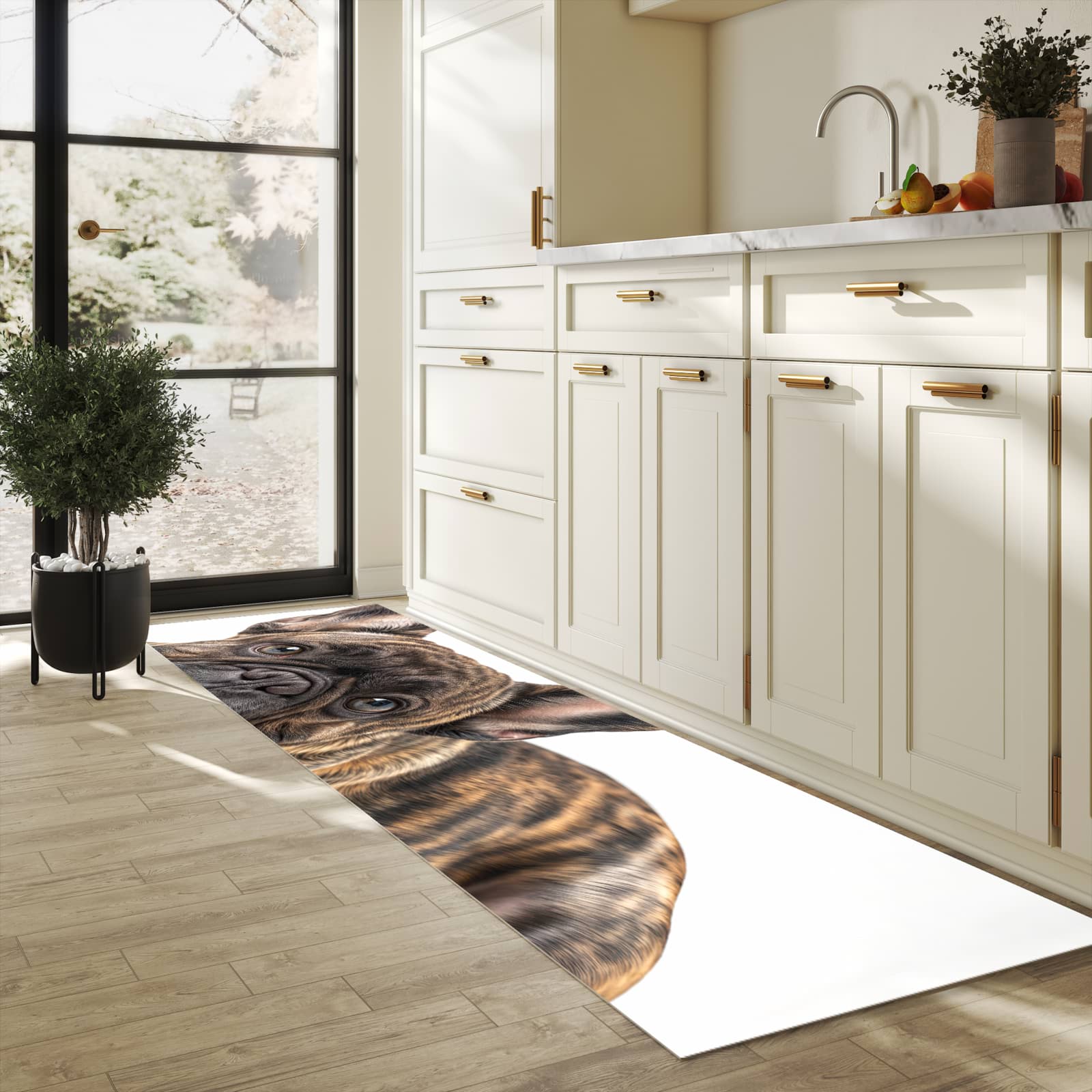 Komfortabler Läufer mit Motiv Bulldogge von Französische in heller Küche für rutschfesten Stand