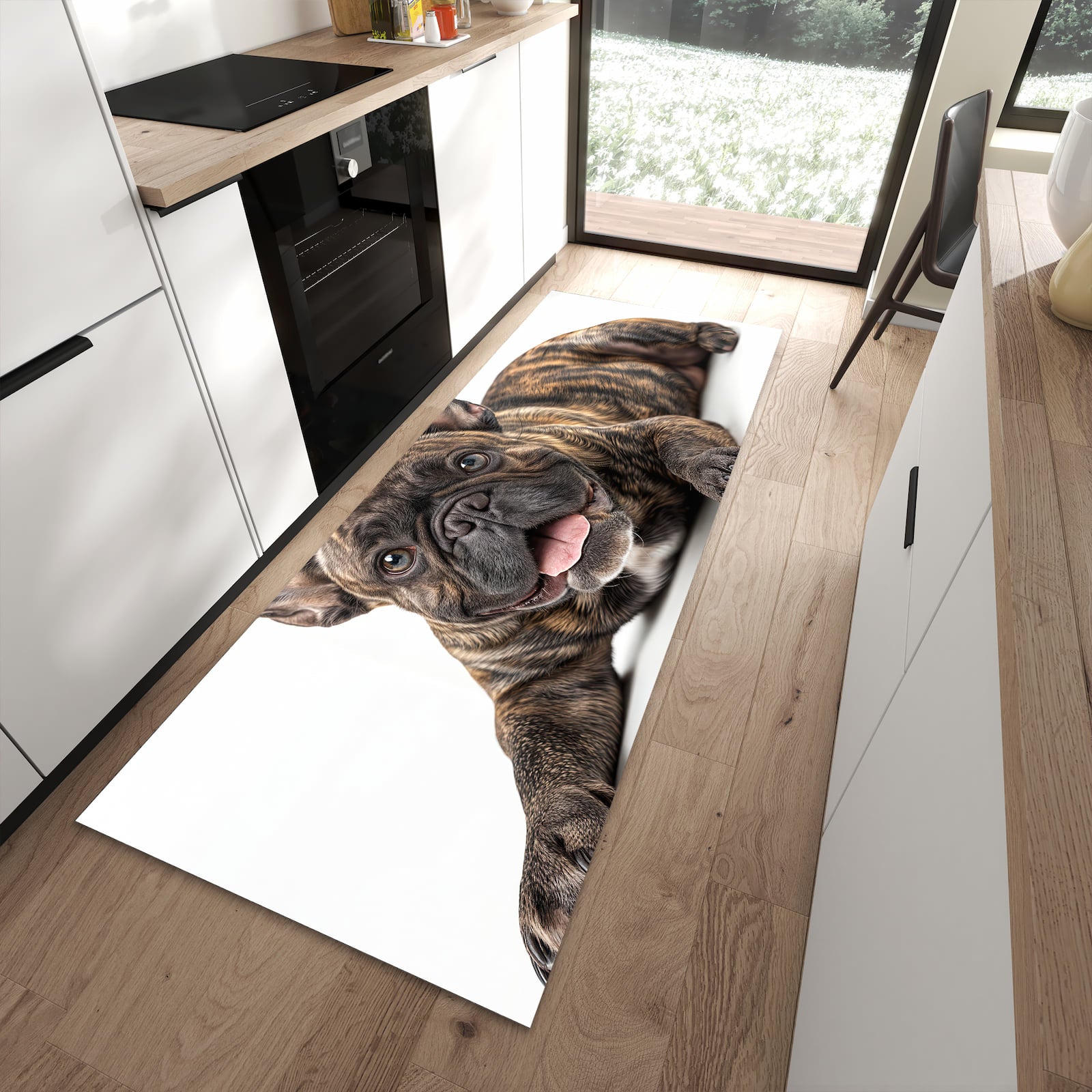 Zeitsparender moderner Küchenläufer mit Motiv Bulldogge von Französische in moderner Küche