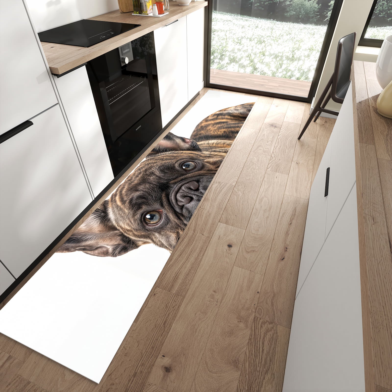 Feuchtigkeitsresistenter rutschfester Küchenläufer mit Motiv Bulldogge von Französische in moderner Küche