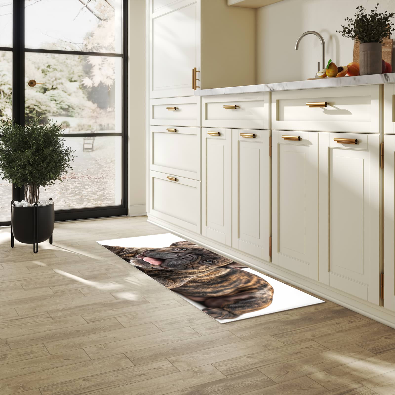 Waschbarer Küchenteppich mit Motiv Bulldogge von Französische für Trittkomfort in heller Küche