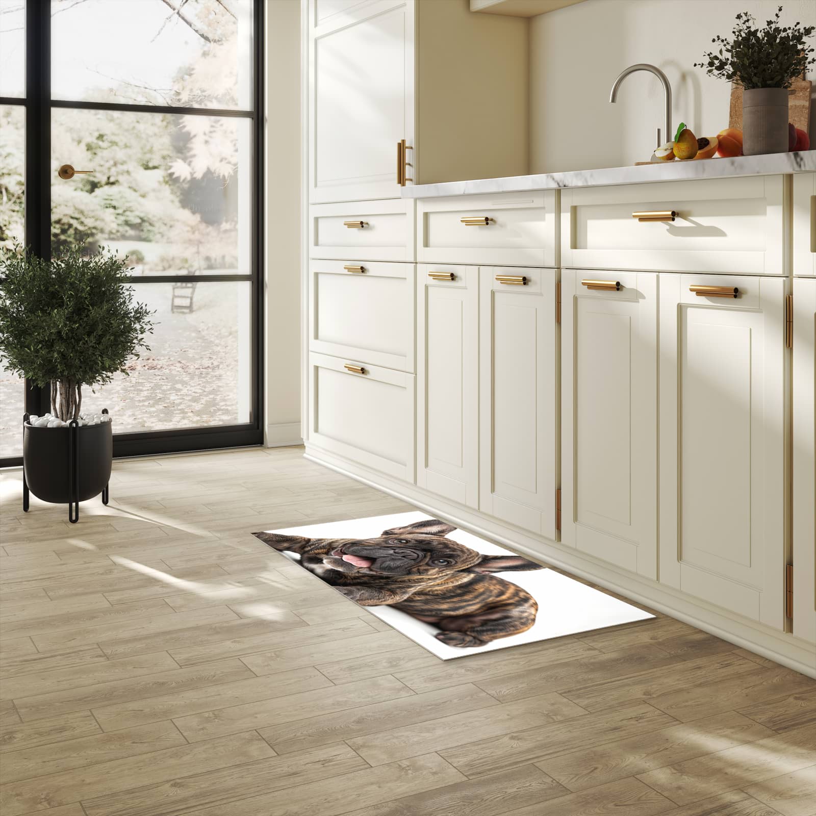 Abriebfester Küchenläufer mit Motiv Bulldogge von Französische in heller Küche