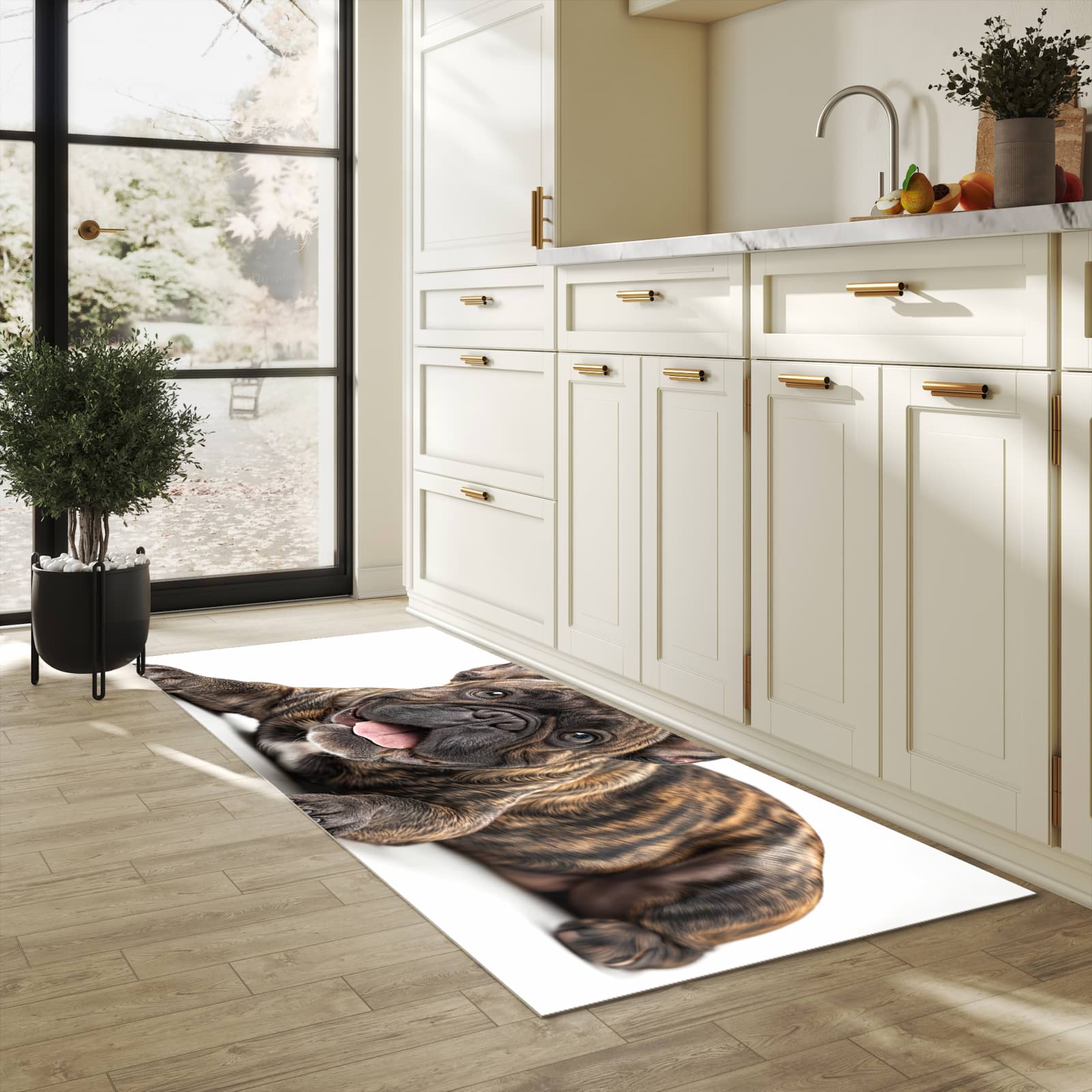 Rutschfester Küchenteppich mit Motiv Bulldogge von Französische in heller Küche, einfach zu reinigen