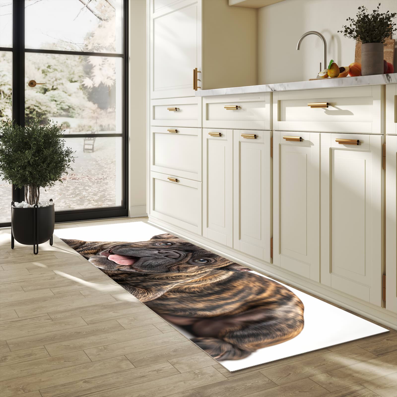Pflegeleichter Läufer für Eingangsbereich mit Motiv Bulldogge von Französische in heller Küche