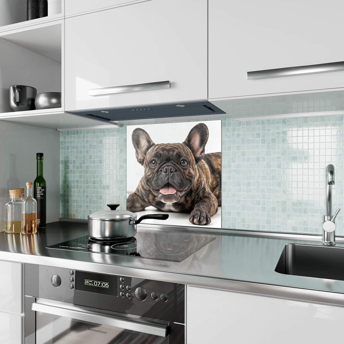 Küchenrückwand Liegende Bulldogge aus Glas – Liegende Bulldogge mit großen Augen