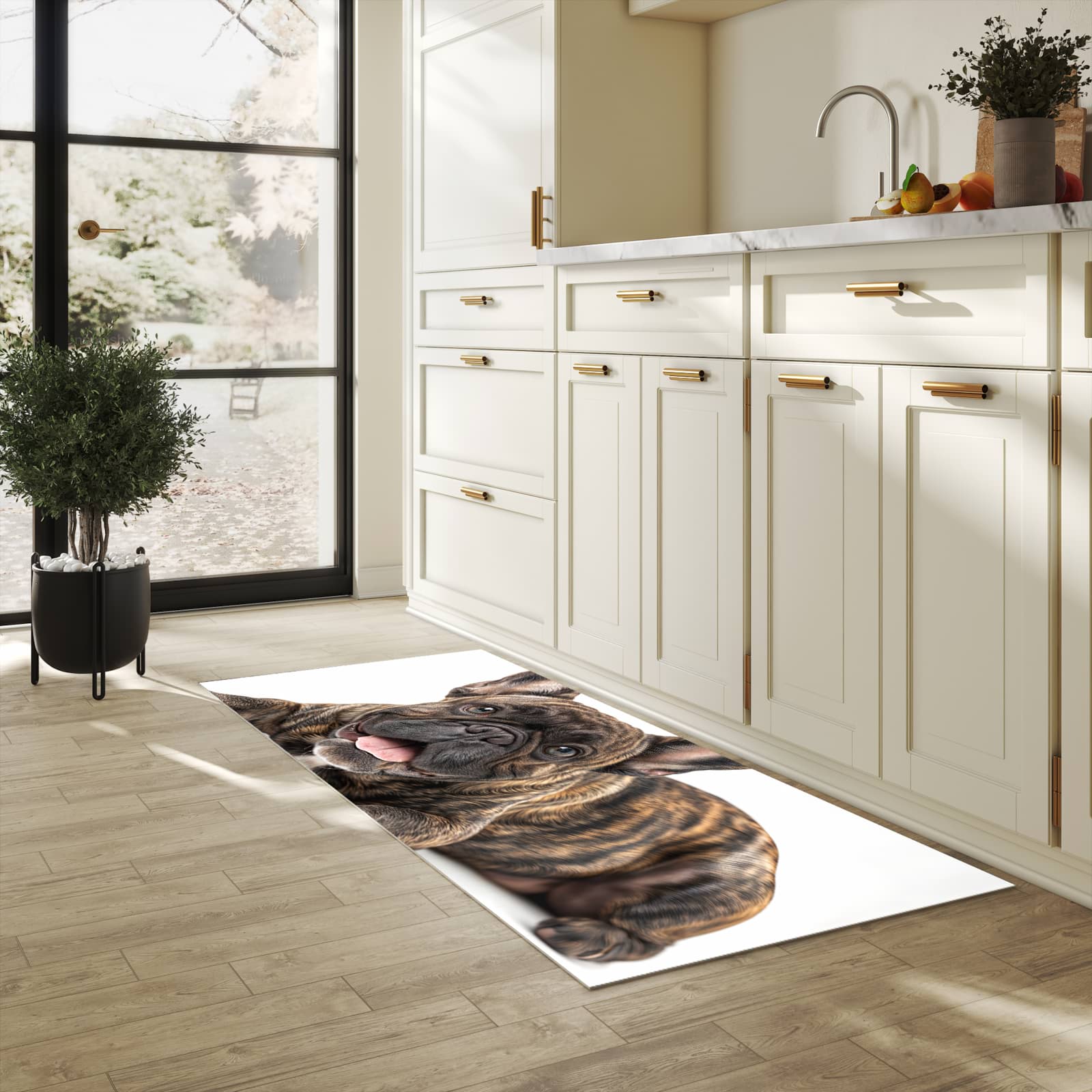 Langlebiger waschbarer Küchenläufer mit Motiv Bulldogge von Französische in heller Küche