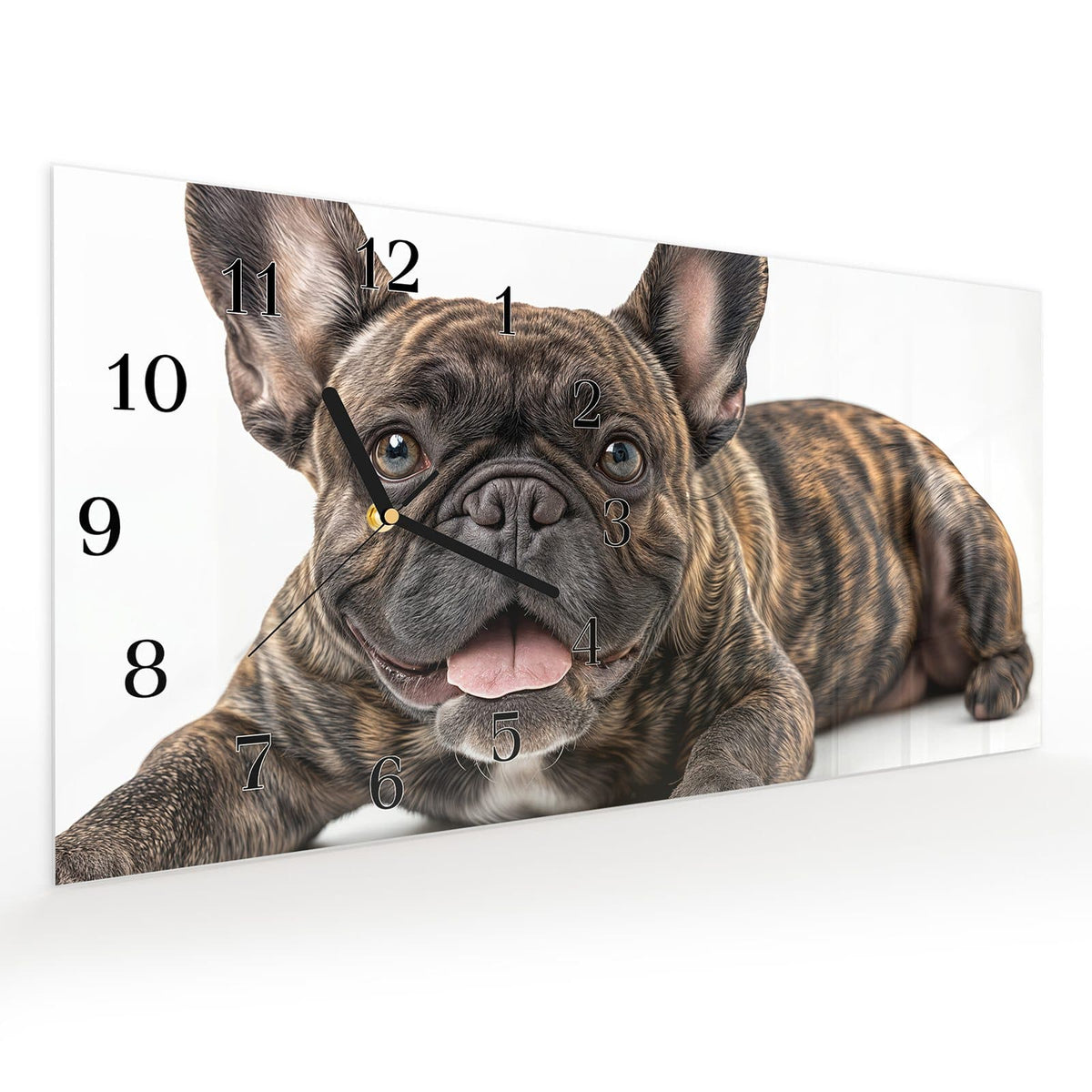Vormontiert – mit Schwebeeffekt – Wanduhr Französische Bulldogge Porträt aus Glas – Querformat 60 × 30 cm