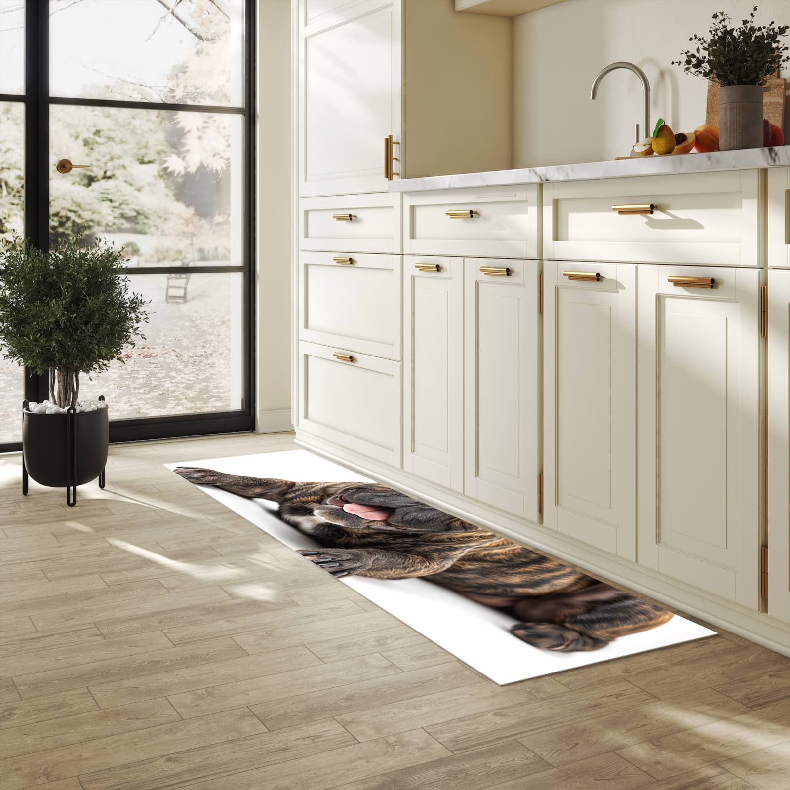 Wasserabweisender Küchenläufer mit Motiv Bulldogge von Französische in heller Küche