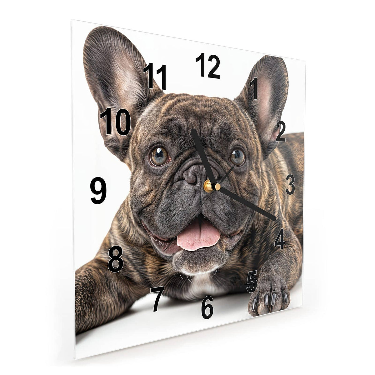 Vormontiert – mit Schwebeeffekt – Wanduhr Französische Bulldogge Porträt aus Glas – Quadratisch 30 × 30 cm