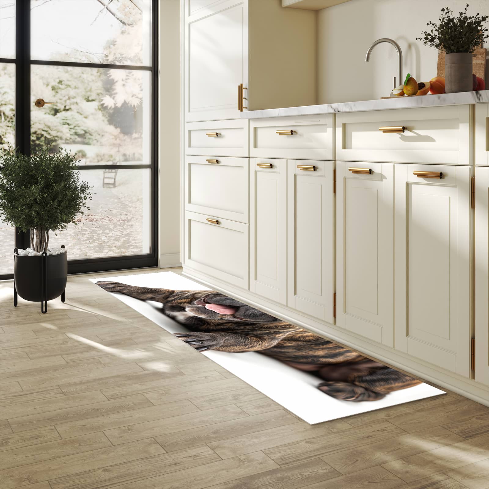 Fleckenresistenter Küchenläufer mit Motiv Bulldogge von Französische in heller Küche