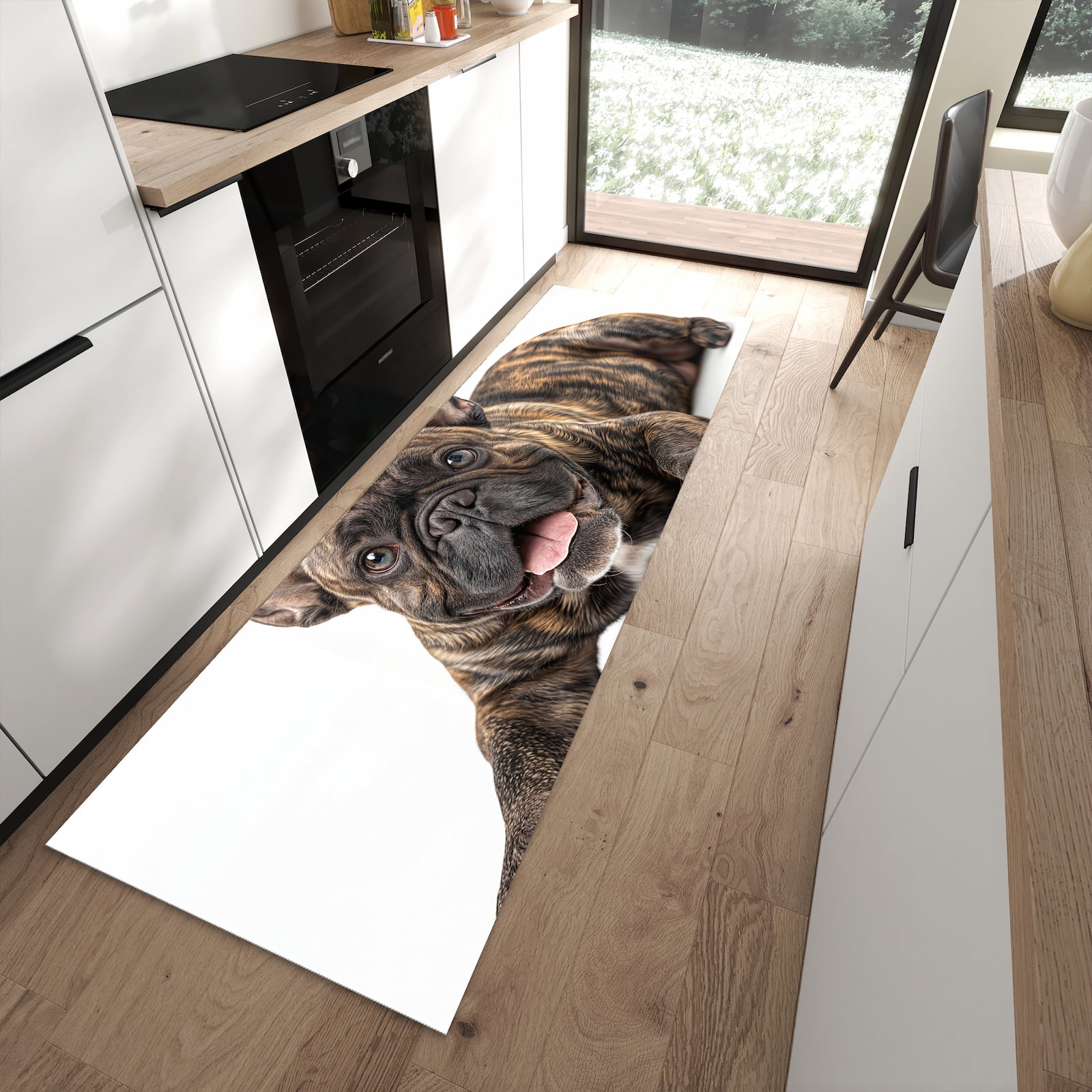 Bodenschonender rutschfester Küchenläufer mit Motiv Bulldogge von Französische in moderner Küche