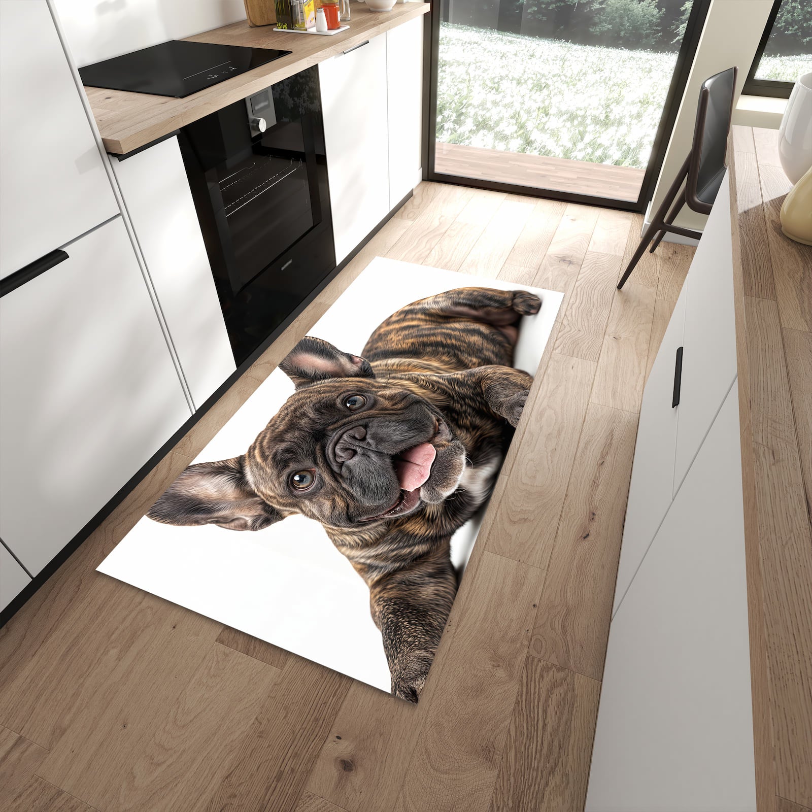 Waschbarer Küchenläufer mit Motiv Bulldogge von Französische in moderner Küche für sichere Aufbewahrung