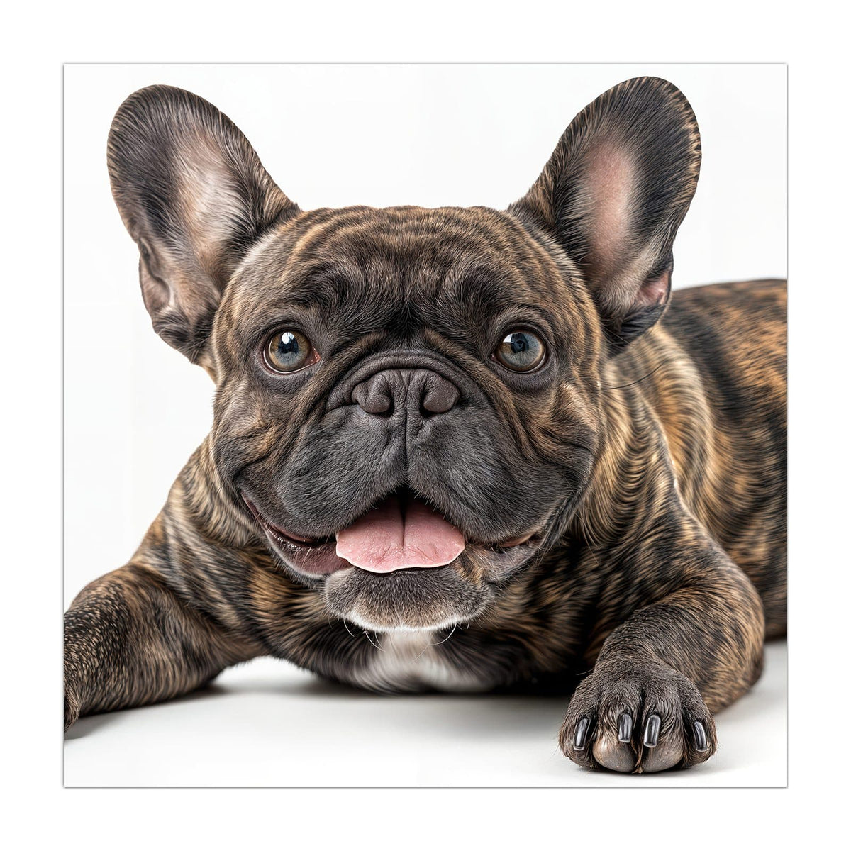 Gestromte Französische Bulldogge liegt frontal, Zunge heraus, weißer Hintergrund