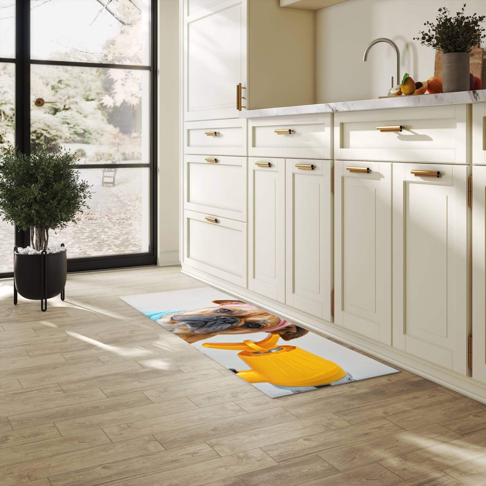 Langlebiger Küchenläufer mit Motiv Hund mit Badehandtuch in heller Küche