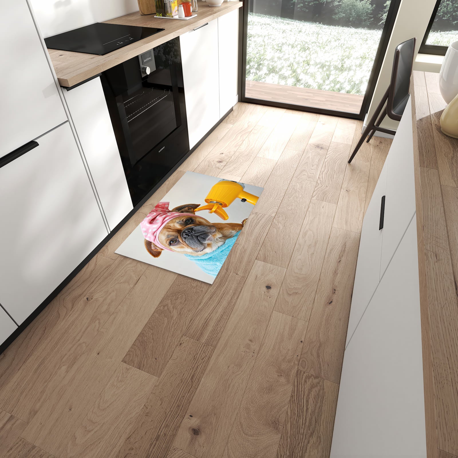 Langlebiger Küchenteppich mit Motiv Hund mit Badehandtuch in moderner Küche