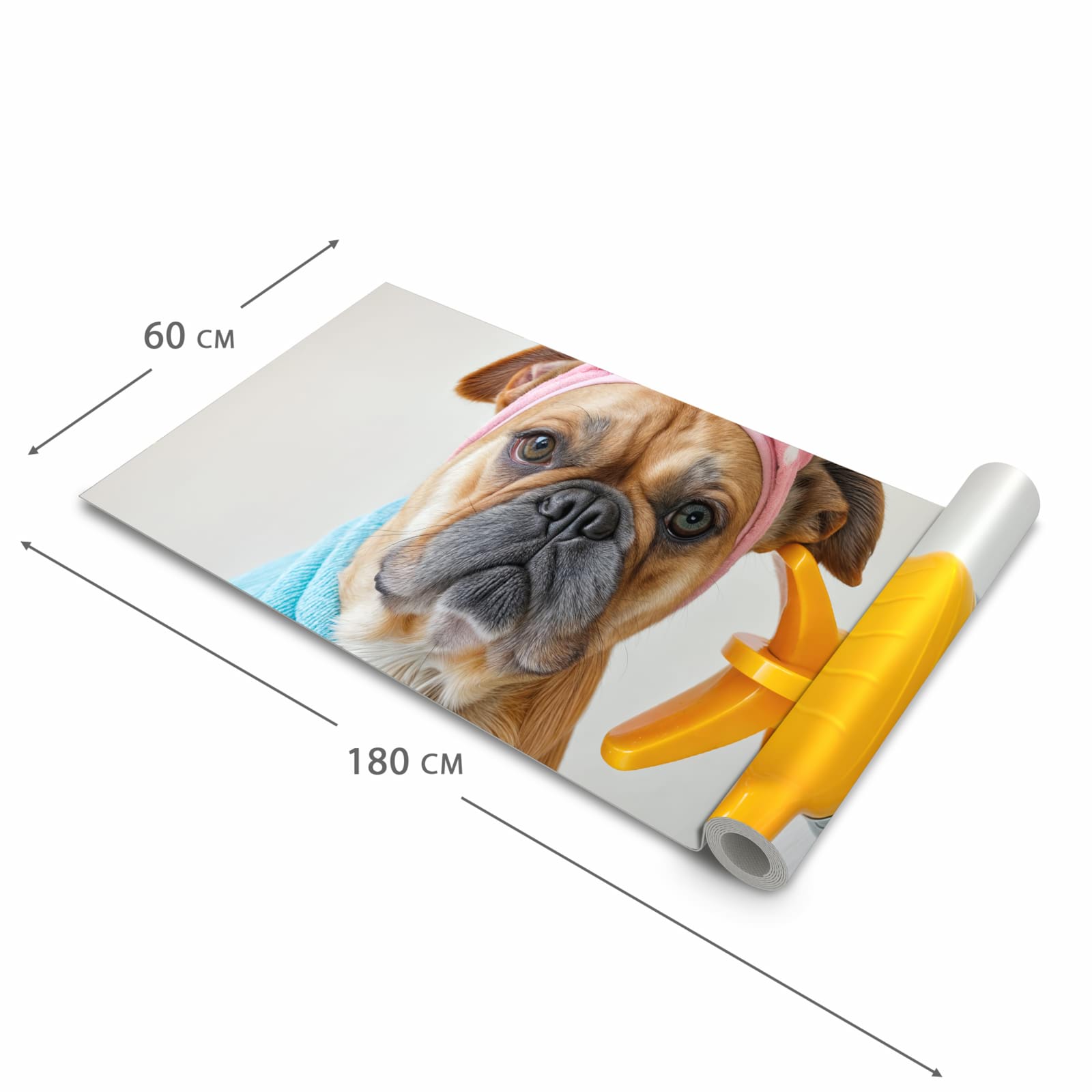 Bodenschonender Küchenläufer mit Motiv Hund mit Badehandtuch in der Größe 90x180 cm