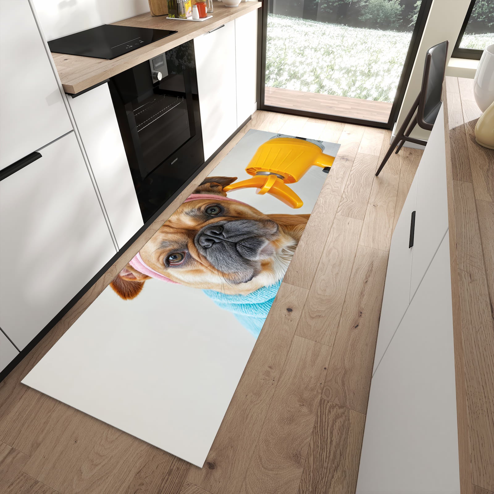 Pflegeleichter Küchenteppich mit Motiv Hund mit Badehandtuch in moderner Küche