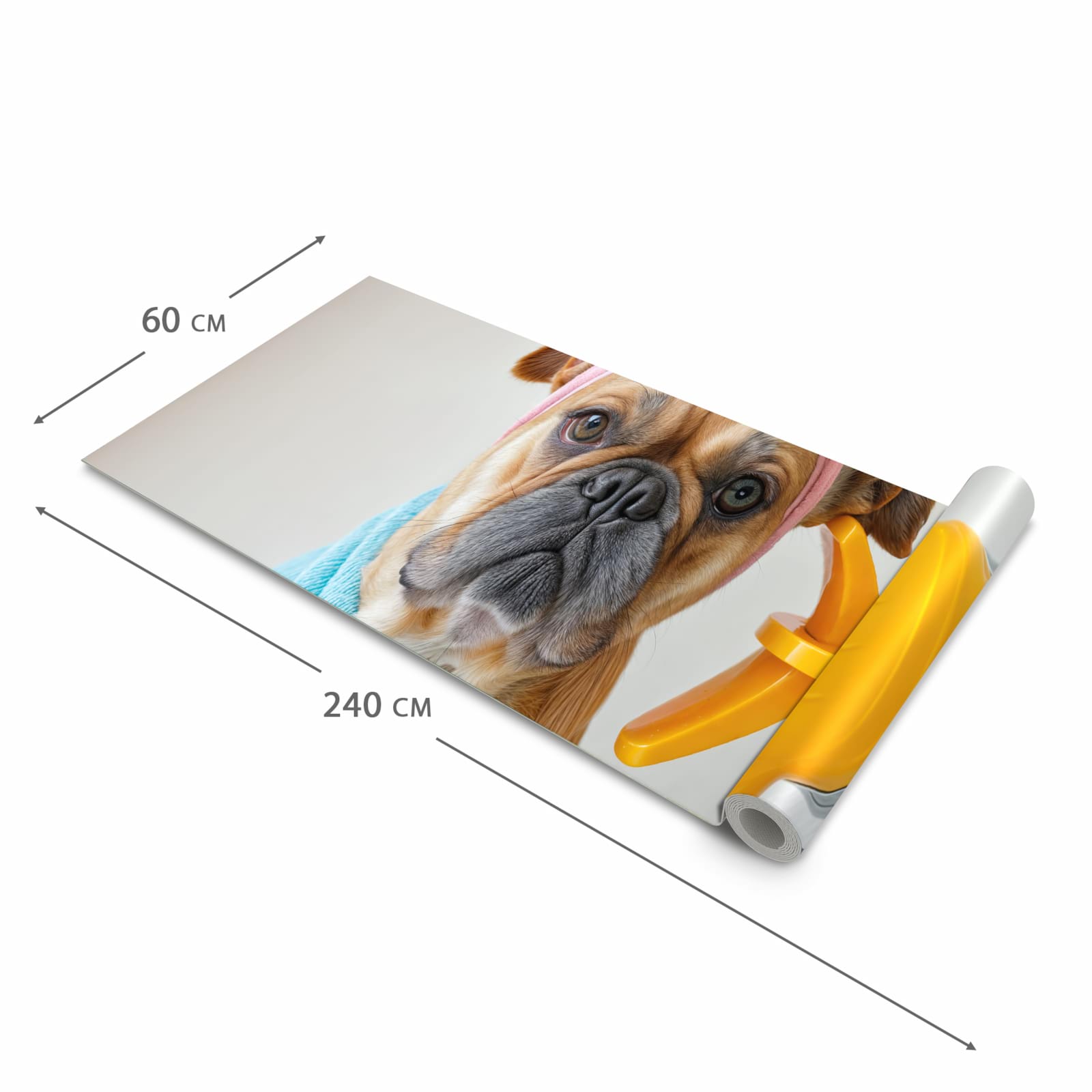 Farbbeständiger Küchenteppich mit Motiv Hund mit Badehandtuch in der Größe 90x180 cm