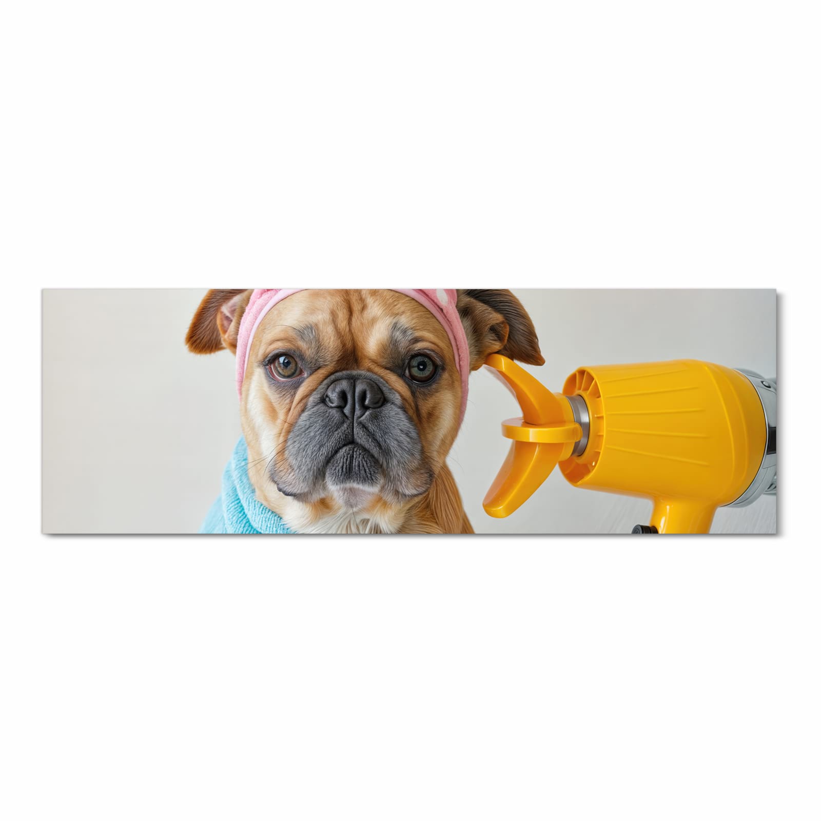 Waschbarer langer Teppich mit Motiv Hund mit Badehandtuch in Frontansicht