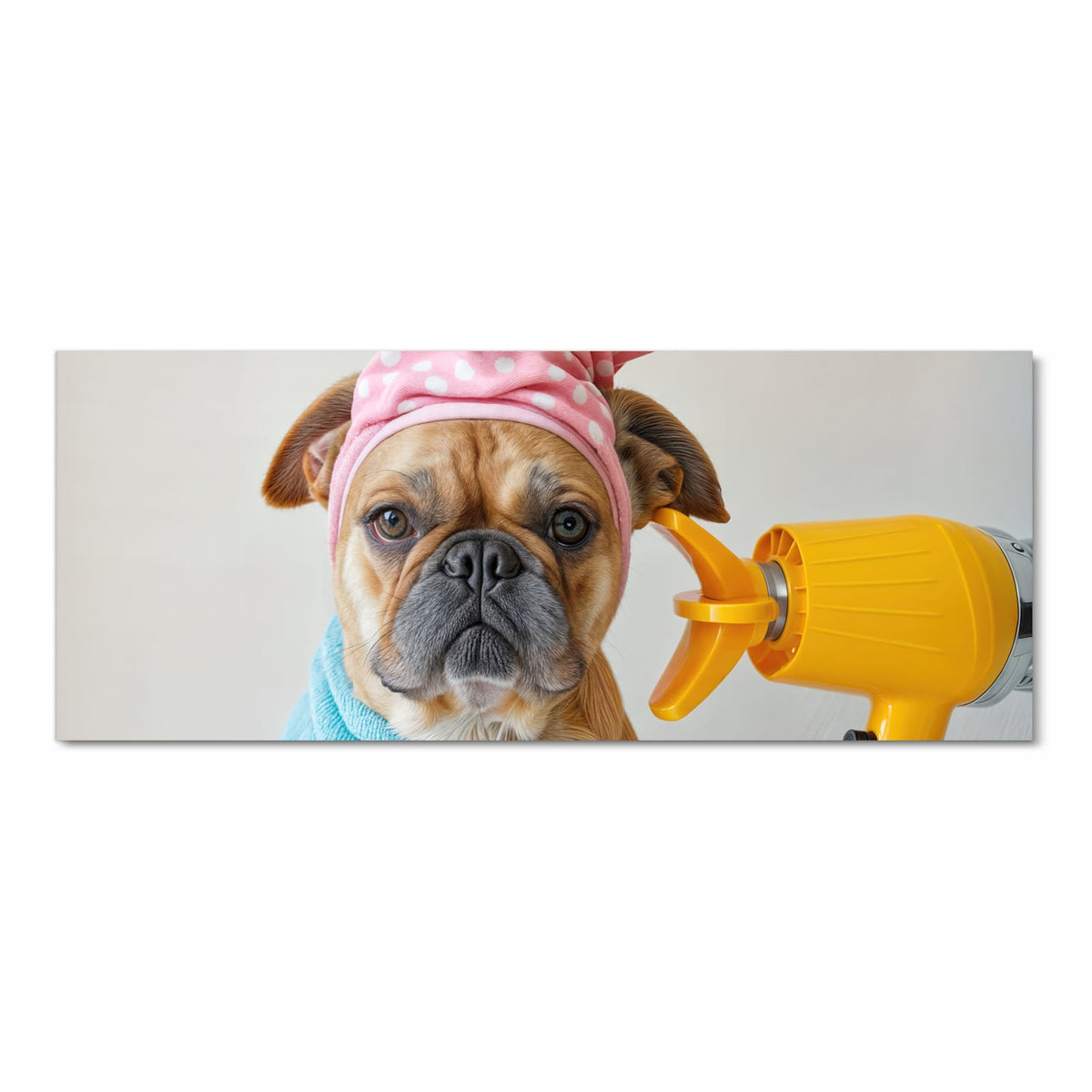 Bulldogge im hellblauen Bademantel mit rosa Punkte-Haube, gelbem Föhn und Bürste