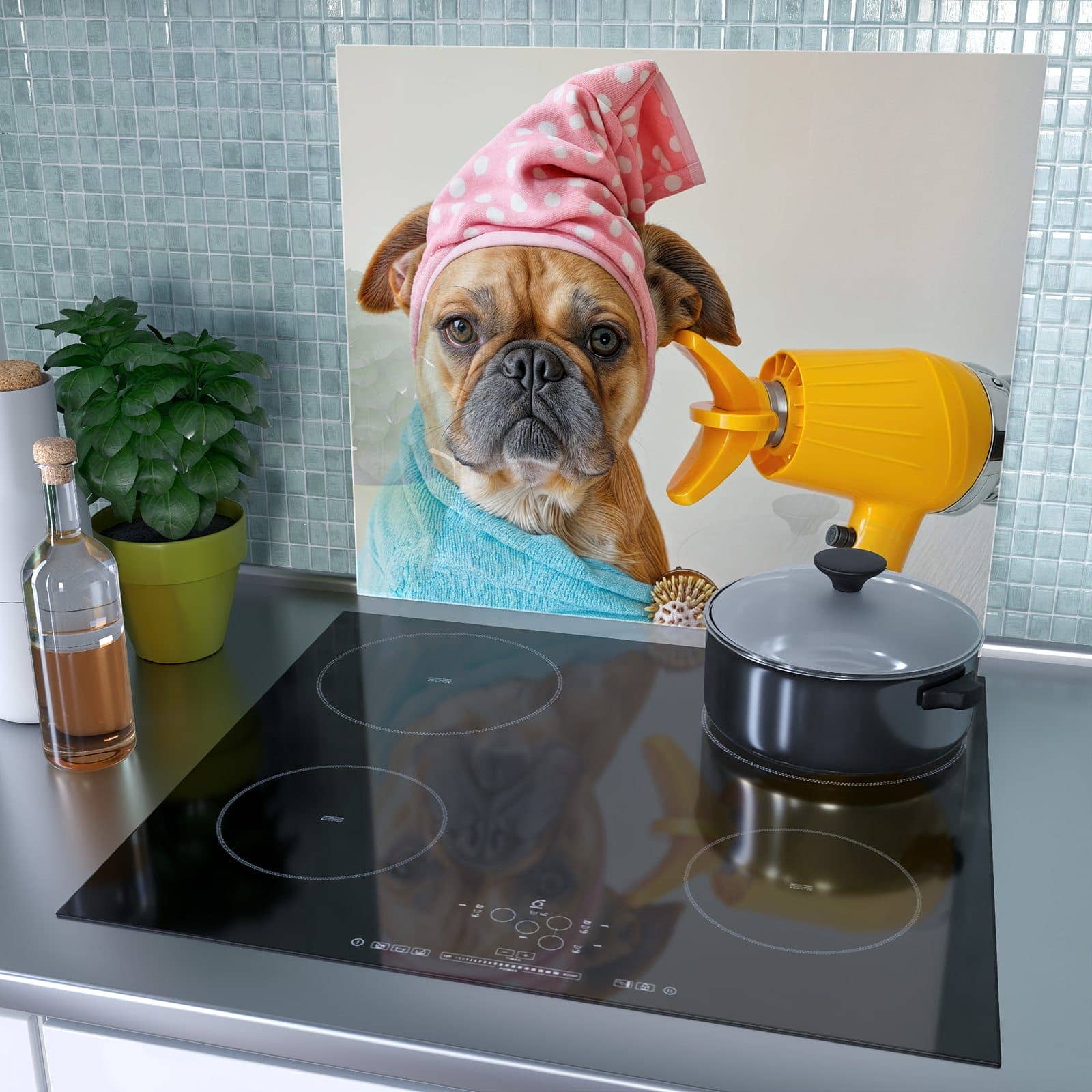 1-teilige Herdabdeckung aus Glas mit Hund mit Badehandtuch-Motiv als Spritzschutz hinter dem Kochfeld