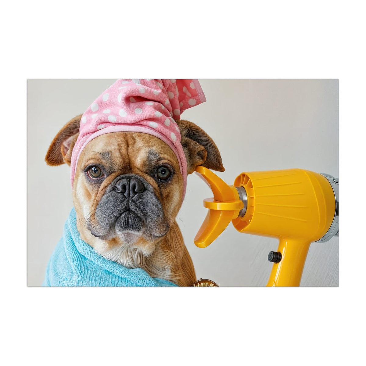 Küchenrückwand aus Glas Hund im Bademantel im Hochformat, Motiv bildfüllend von vorn