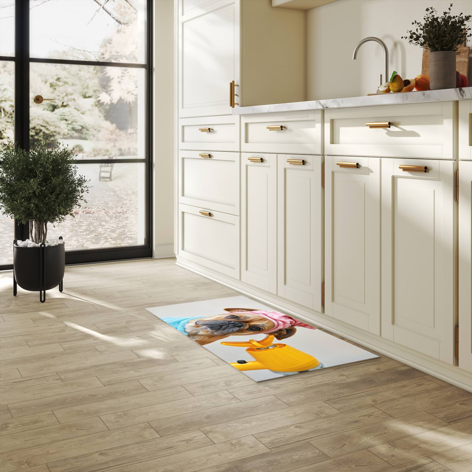 Strapazierfähiger abwaschbarer Küchenläufer mit Motiv Hund mit Badehandtuch in heller Küche