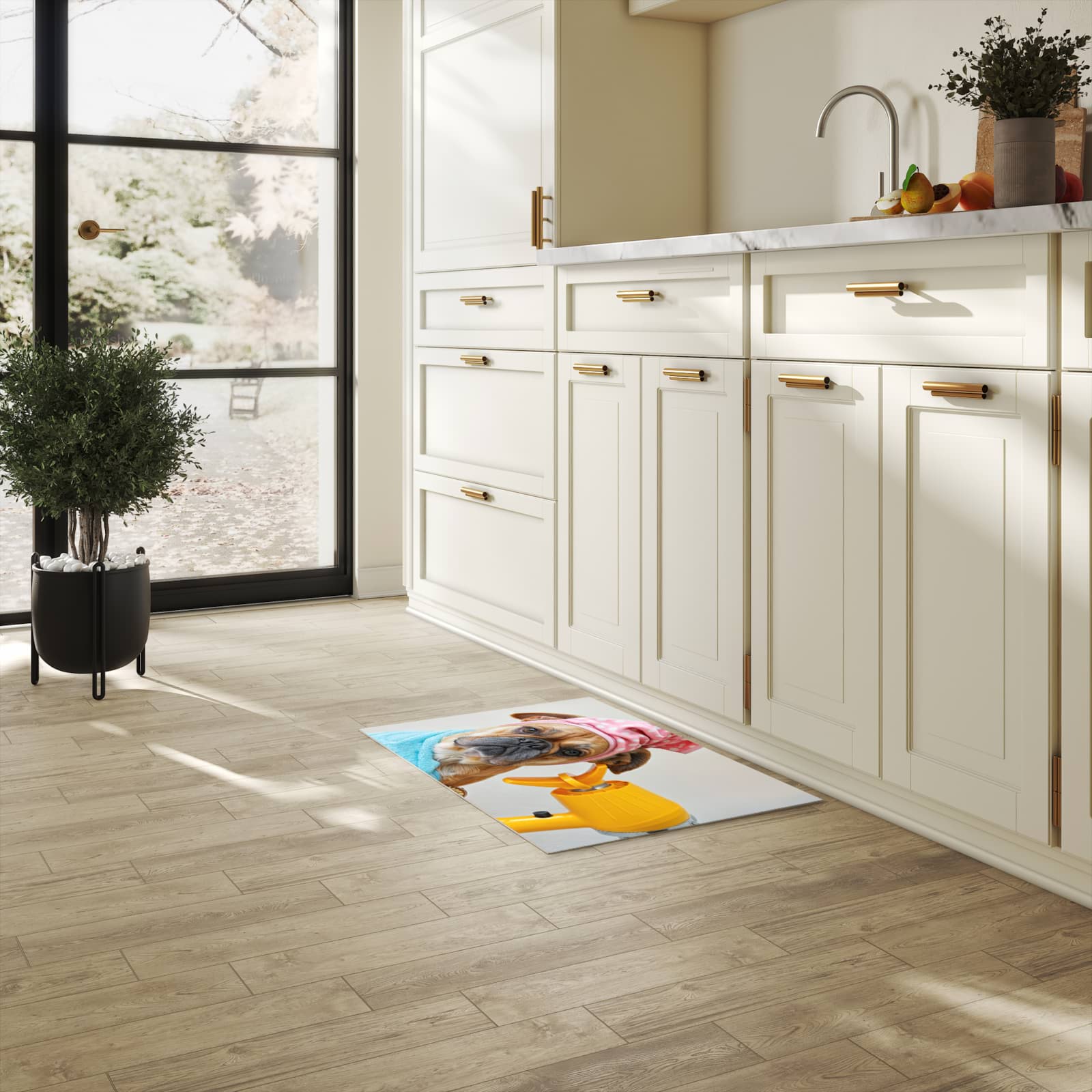 Küchenteppich mit Motiv Hund mit Badehandtuch für Ordnung in heller Küche