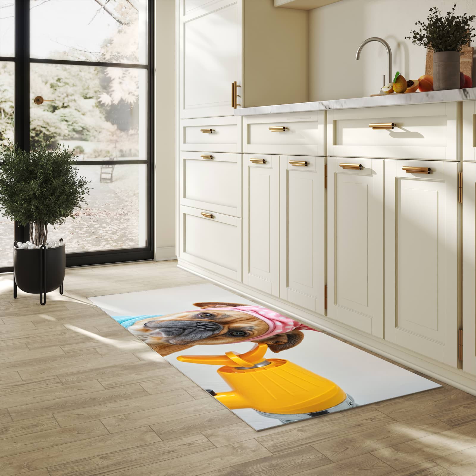 Bodenschonender Küchenteppich mit Motiv Hund mit Badehandtuch in heller Küche