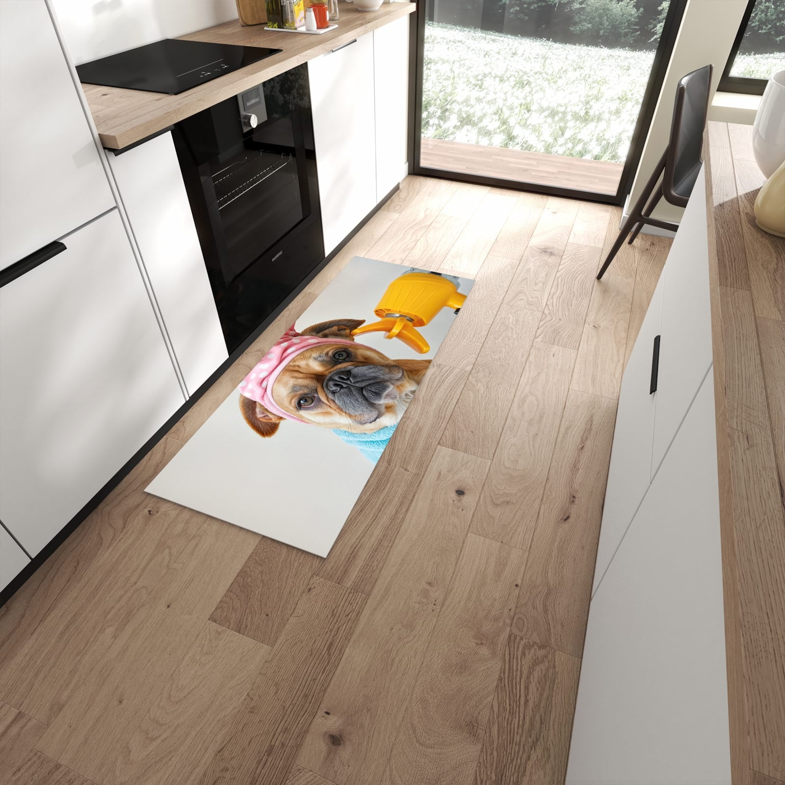 Rutschfester Küchenteppich mit Motiv Hund mit Badehandtuch für Trittkomfort in moderner Küche #grösse_60 x 150 cm