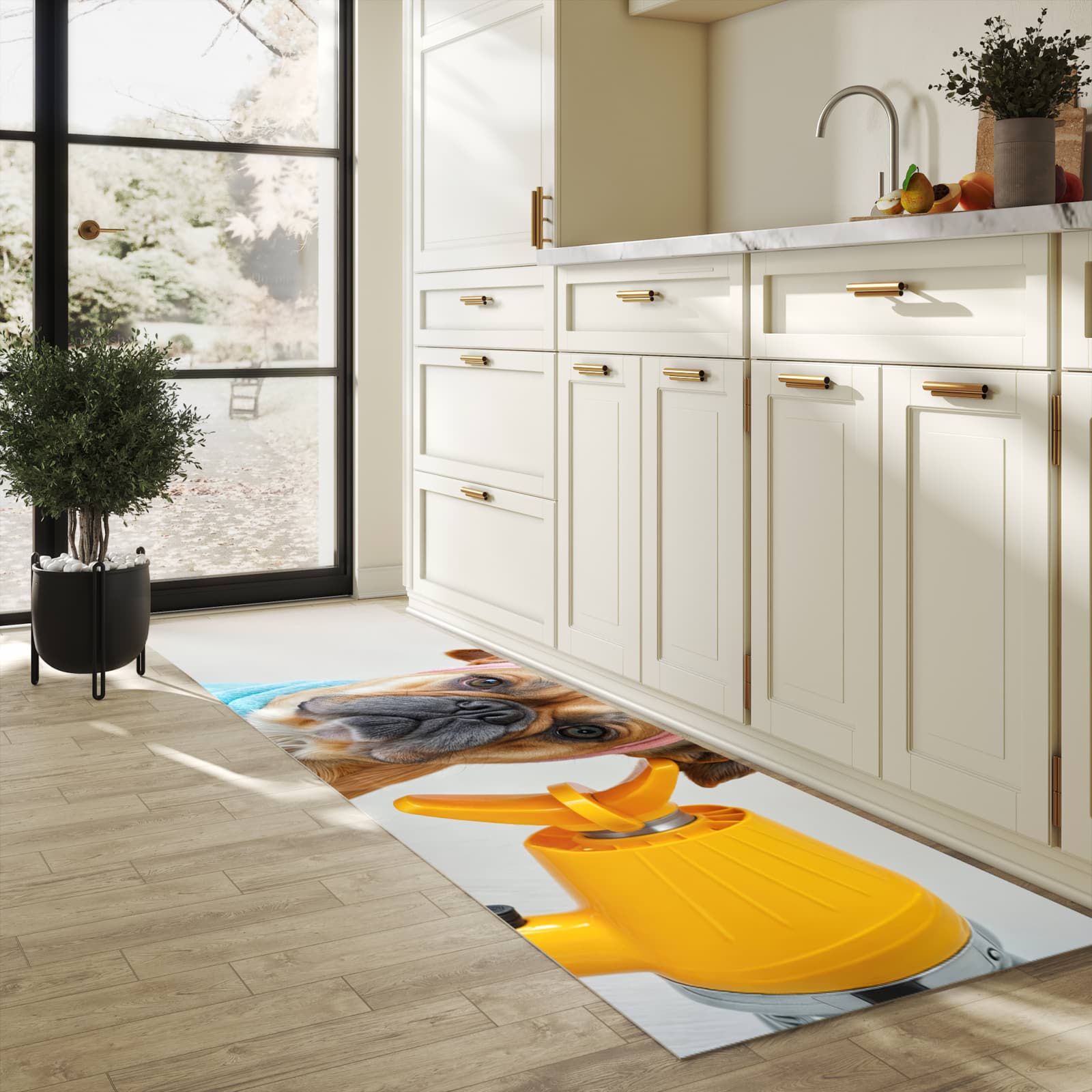 Küchenläufer mit Motiv Hund mit Badehandtuch in heller Küche für sichere Aufbewahrung