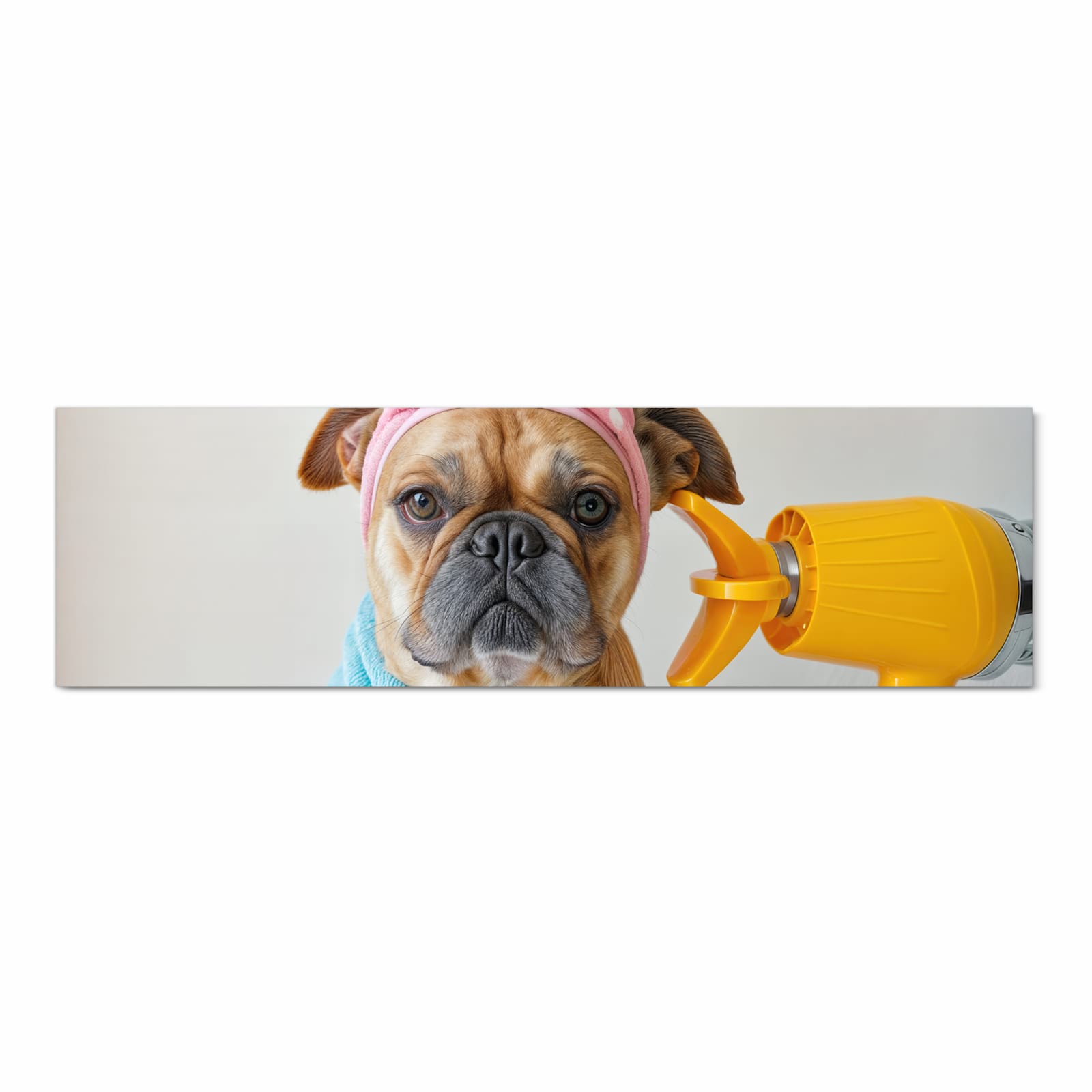 Bodenschonender Teppich fürs Esszimmer mit Motiv Hund mit Badehandtuch in Frontansicht, waschbar