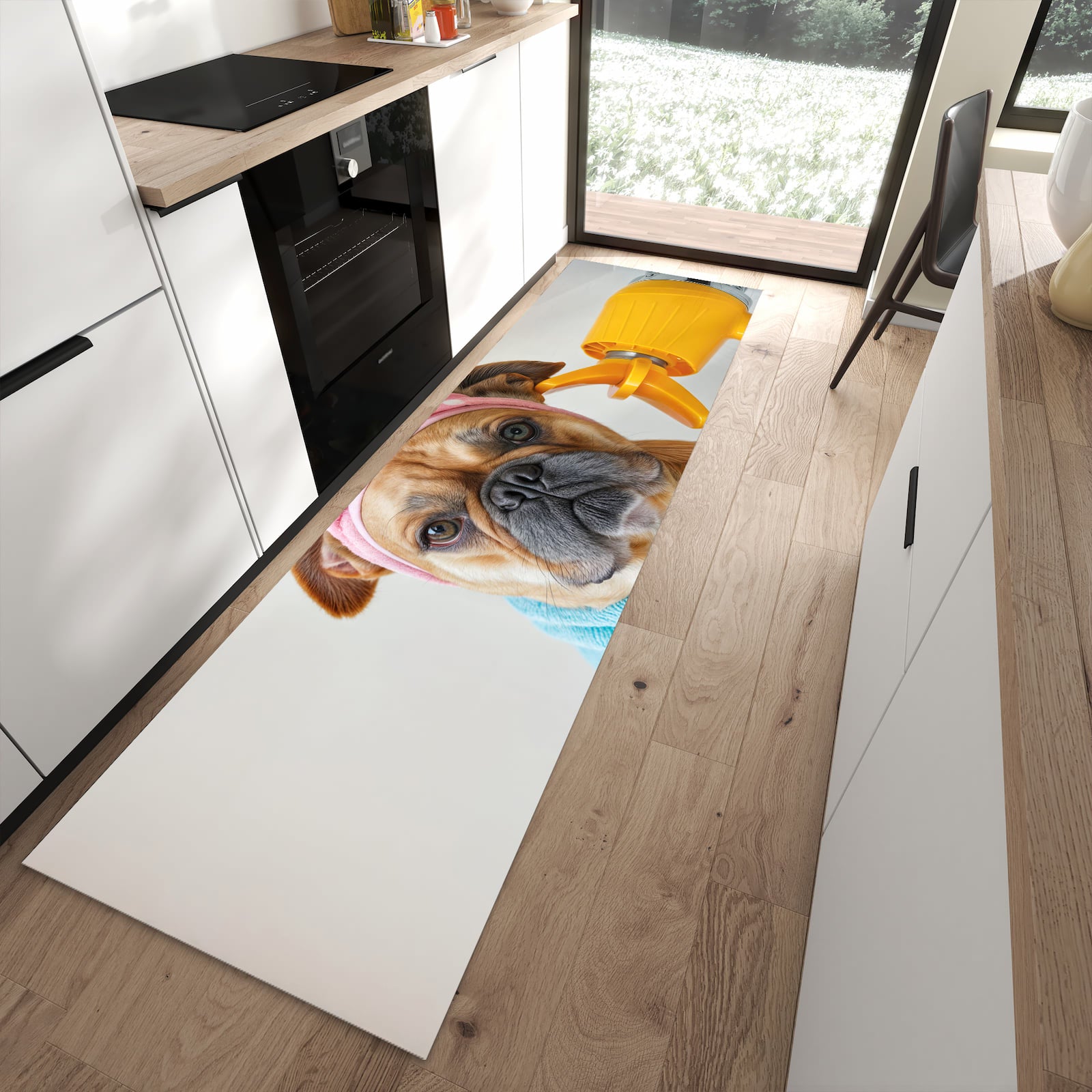 Komfortabler waschbarer Küchenteppich mit Motiv Hund mit Badehandtuch in moderner Küche