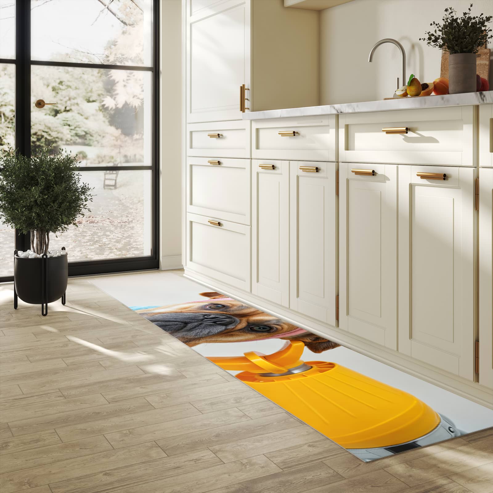 Bodenschonender Küchenteppich mit Motiv Hund mit Badehandtuch in heller Küche