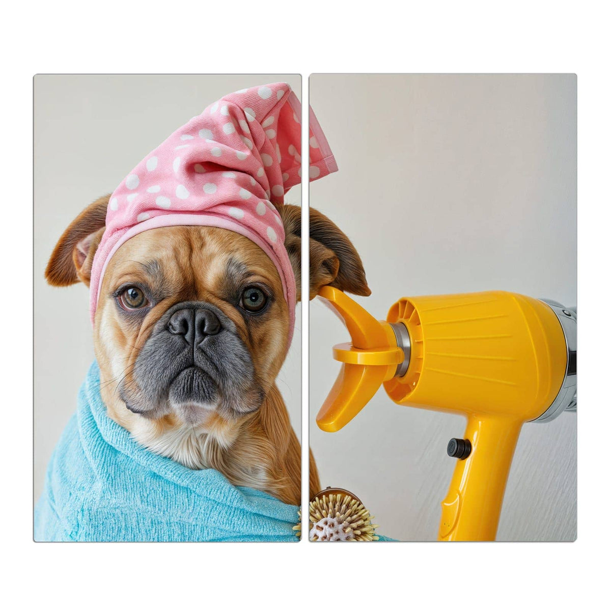 Bulldogge im hellblauen Bademantel mit rosa Punkte-Haube, gelbem Föhn und Bürste