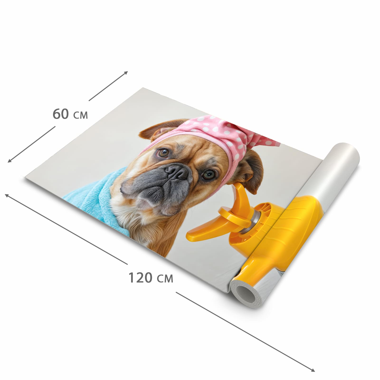 Bodenschonender Küchenteppich mit Motiv Hund mit Badehandtuch in der Grösse 90x180 cm