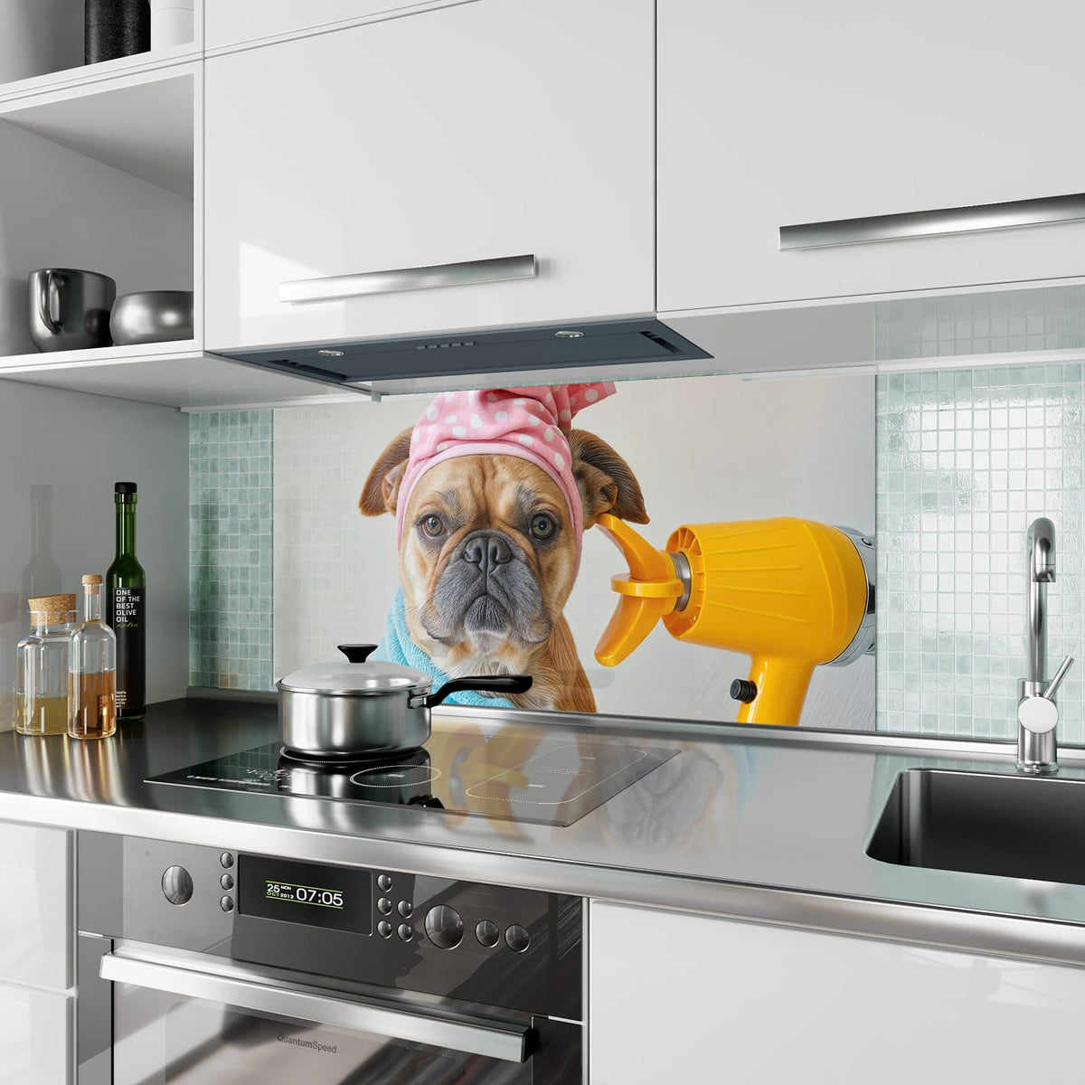 Küchenrückwand aus Glas Hund im Bademantel im Hochformat als Spritzschutz hinter dem Kochfeld, über dem Fliesenspiegel montiert