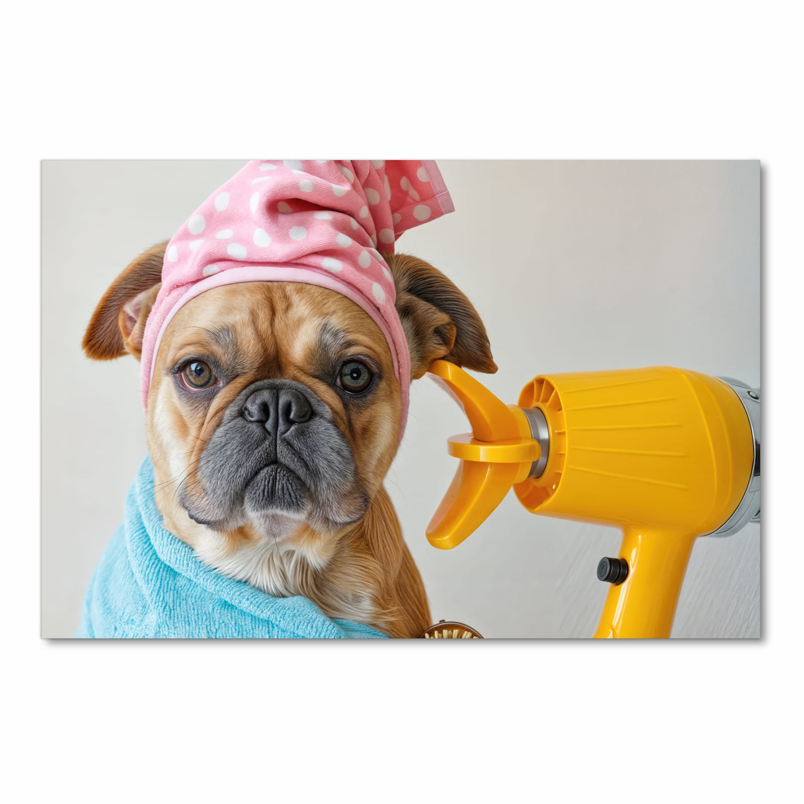 Bodenschonender rutschfester Küchenteppich mit Motiv Hund mit Badehandtuch in Frontansicht