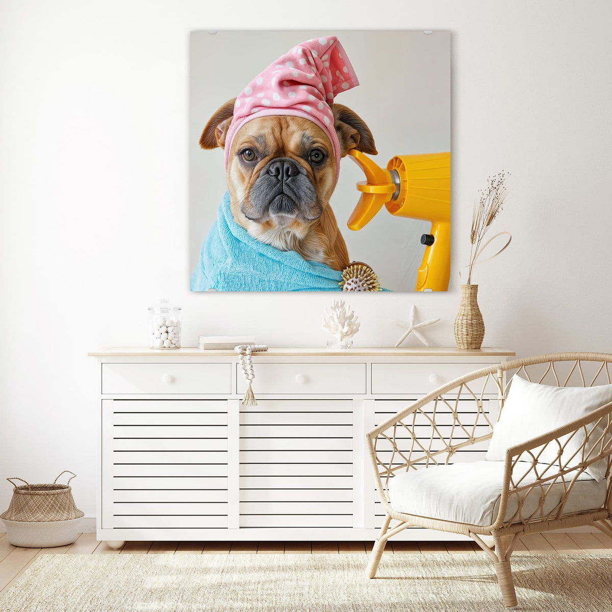Echtglas, 4 mm – kein Acryl, keine Folie – Wandbild - Hund im Bademantel - Quadratisch