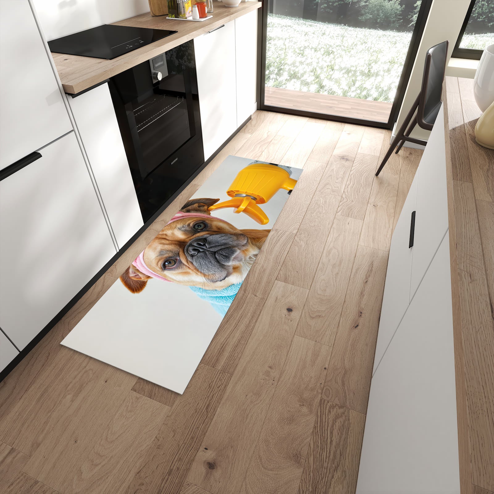 Wasserabweisender Bodenläufer mit Motiv Hund mit Badehandtuch in moderner Küche